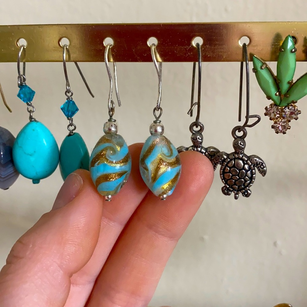 Blue and gold swirl hanging earrings